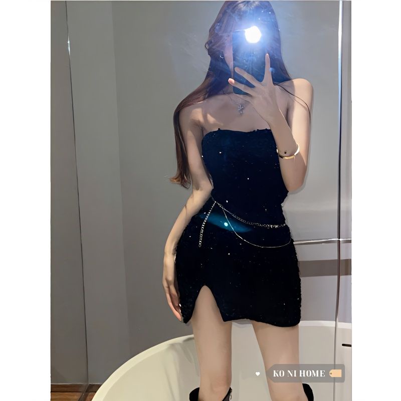 Đầm Ôm Eo Cổ Yếm Đính Kim Sa Lấp Lánh Phong Cách Hàn Quốc Cho Nữ