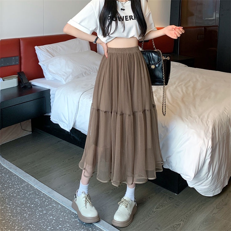 Jiashucheng Chân Váy Lưới Dáng Rộng Lưng Cao Xếp Ly Phong Cách Phương Tây Thời Trang Xuân Hè Mới Cho Nữ