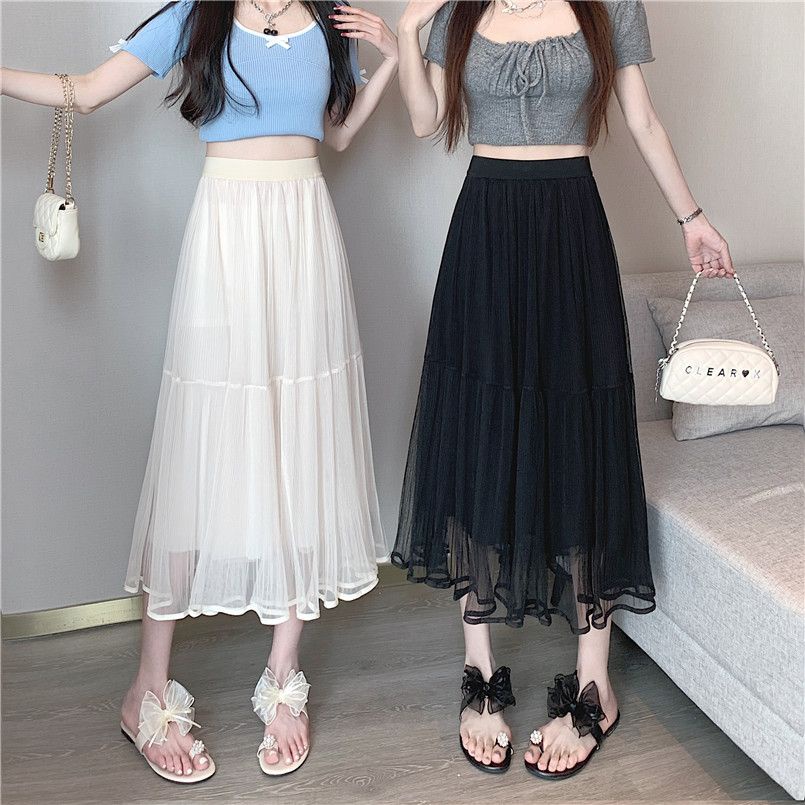 Jiashucheng Chân Váy Lưới Dáng Rộng Lưng Cao Xếp Ly Phong Cách Phương Tây Thời Trang Xuân Hè Mới Cho Nữ