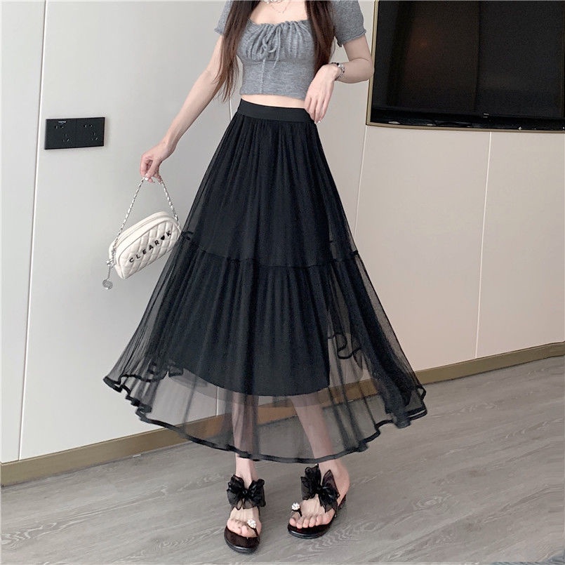 Jiashucheng Chân Váy Lưới Dáng Rộng Lưng Cao Xếp Ly Phong Cách Phương Tây Thời Trang Xuân Hè Mới Cho Nữ