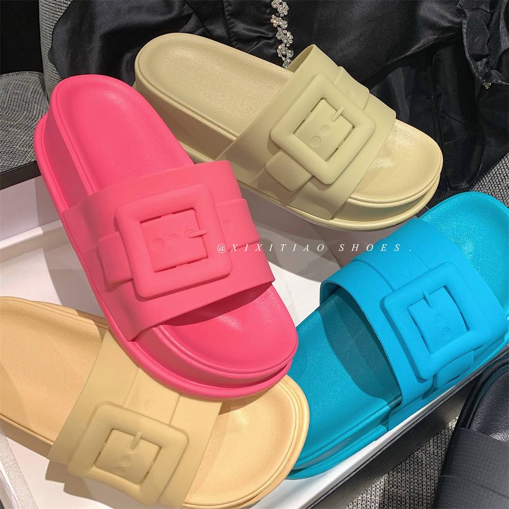 Dép bánh mì đế cao dép lê nữ đế dày chống trượt khóa vuông thời trang