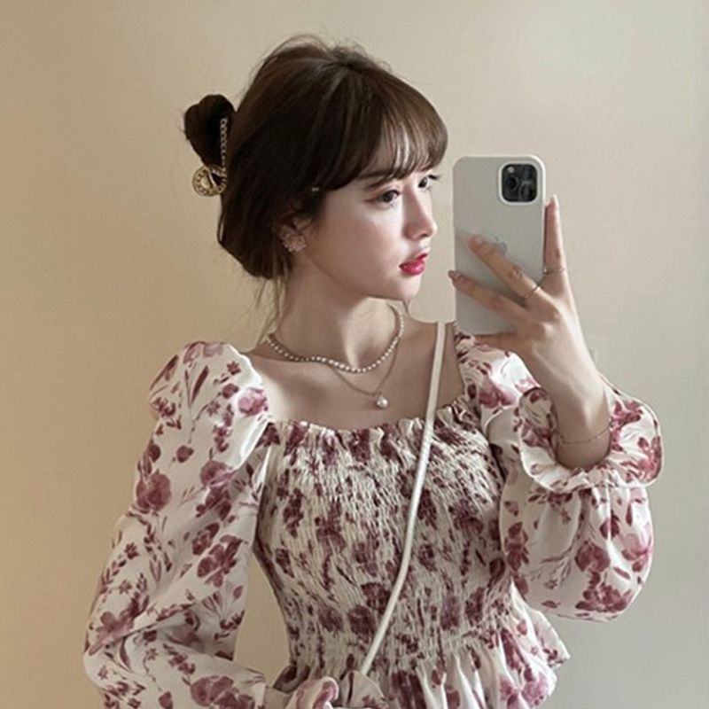 Jiashucheng Áo Sơ Mi Chiffon Tay Dài Trễ Vai Dáng Ngắn In Hoa Thời Trang Mùa Hè Cho Nữ