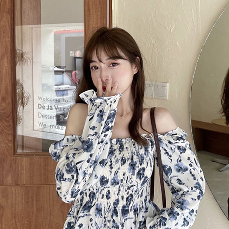 Jiashucheng Áo Sơ Mi Chiffon Tay Dài Trễ Vai Dáng Ngắn In Hoa Thời Trang Mùa Hè Cho Nữ