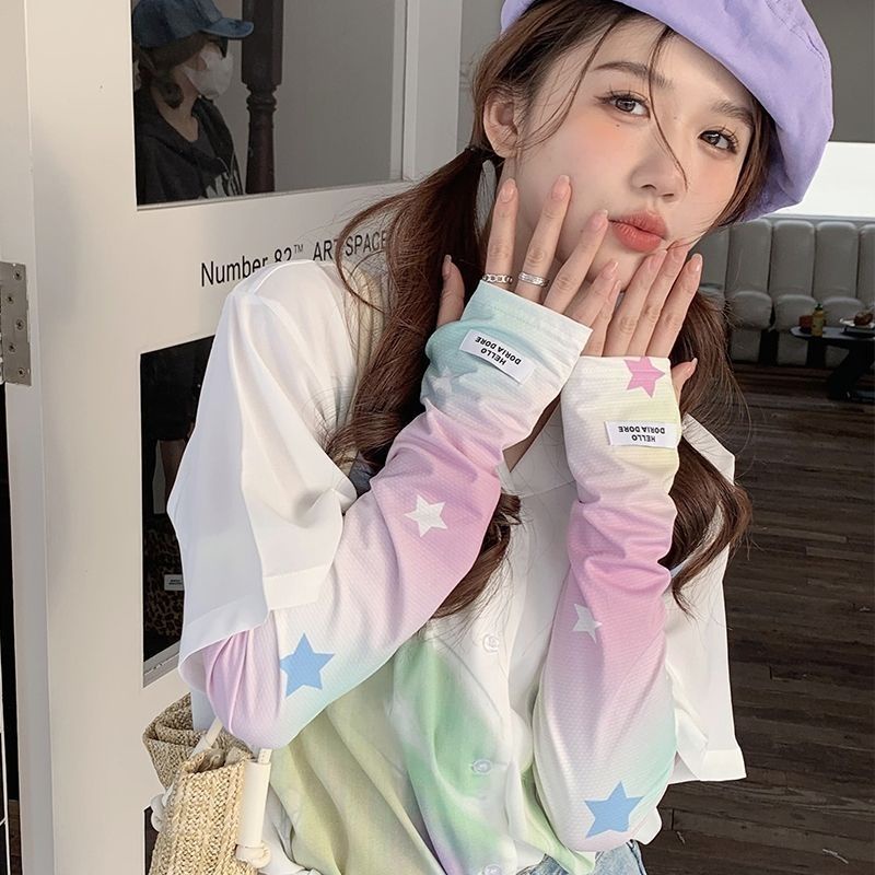 Ống Tay Áo Chống Nắng Vải Lụa Lạnh Dáng Rộng Chống Tia Cực Tím In Họa Tiết Xinh Xắn Cho Nữ