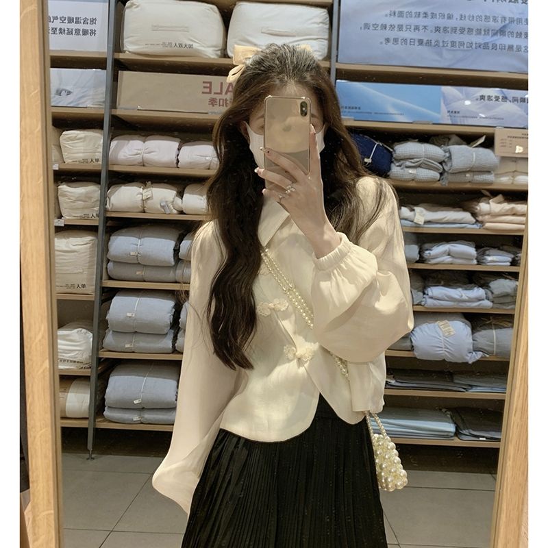 Jiashucheng Áo Sơ Mi Chiffon Ngắn Tay Dài Phồng Cổ Bẻ Cài Nút Kiểu Retro Pháp Thời Trang Mùa Thu Cho Nữ