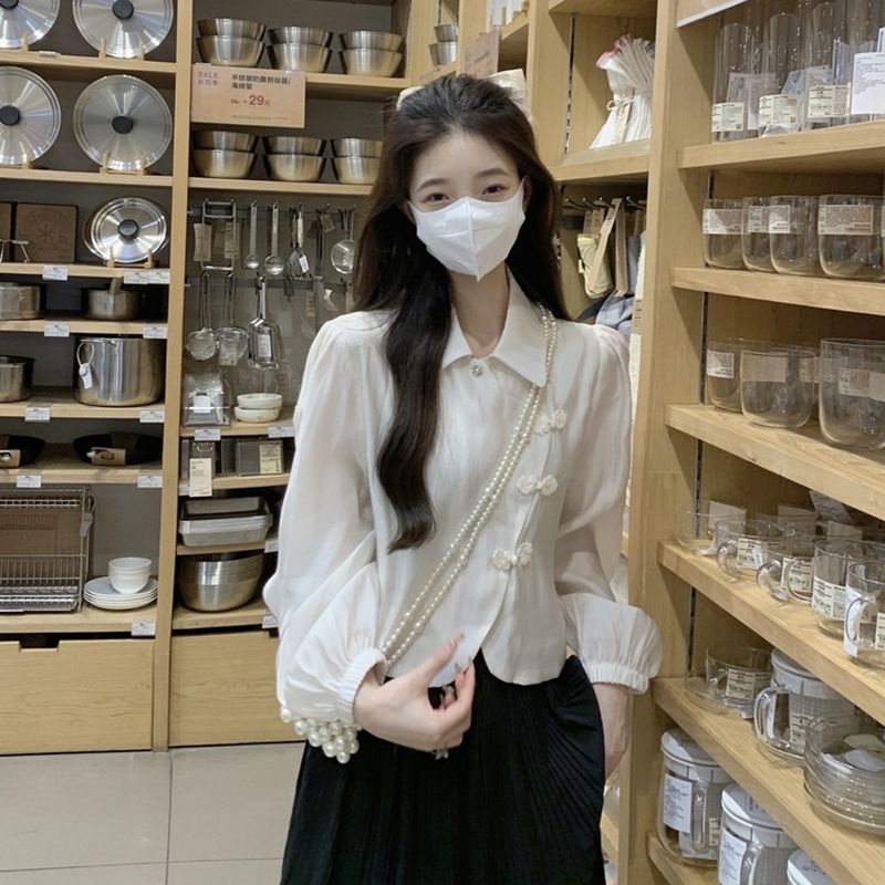 Jiashucheng Áo Sơ Mi Chiffon Ngắn Tay Dài Phồng Cổ Bẻ Cài Nút Kiểu Retro Pháp Thời Trang Mùa Thu Cho Nữ