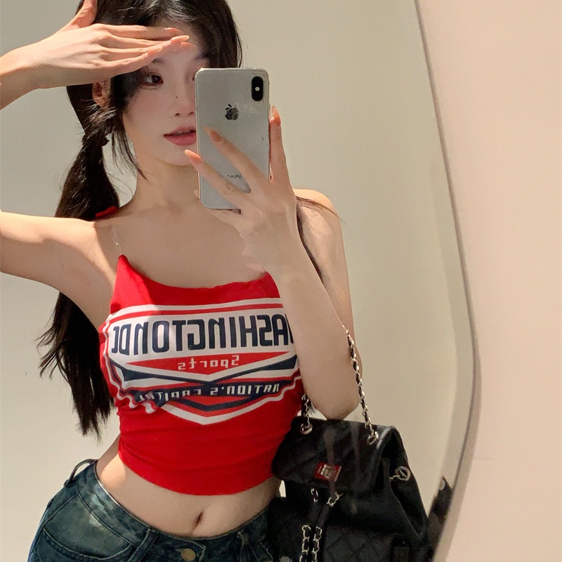 Jiashucheng Áo Hai Dây Dáng Ôm In Chữ Niche Thời Trang Mùa Hè Dành Cho Nữ