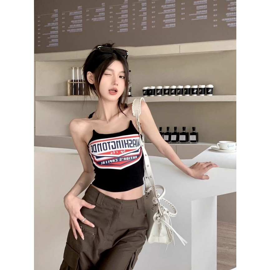 Jiashucheng Áo Hai Dây Dáng Ngắn In Chữ Màu Đen Phong Cách Mỹ Thời Trang Mùa Hè Cho Nữ