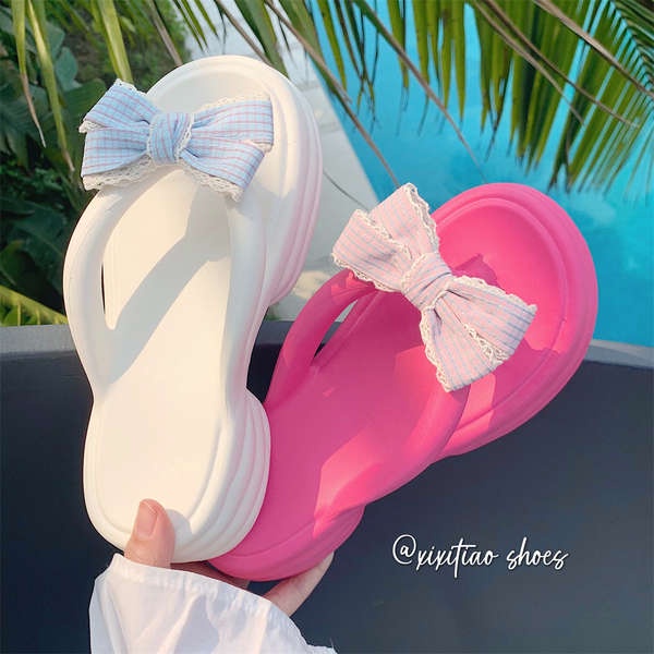 Dép xỏ ngón nơ bướm nữ mùa hè đế dày dép cao đế bằng