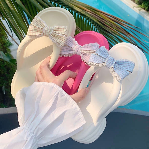 Dép xỏ ngón nơ bướm nữ mùa hè đế dày dép cao đế bằng