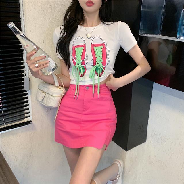 Áo Thun Ngắn Tay Cổ Tròn Cột Dây In Họa Tiết Thời Trang Cho Nữ