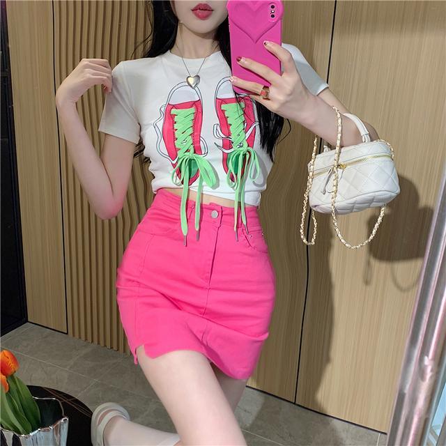 Áo Thun Ngắn Tay Cổ Tròn Cột Dây In Họa Tiết Thời Trang Cho Nữ