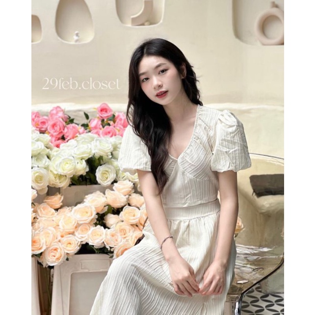 SET VÁY XÒE ĐŨI GÂN TIỂU THƯ yena.closet - Set 2 món áo nhún cổ V croptop buộc nơ sau kèm chân váy midi tiểu thư ulzzang