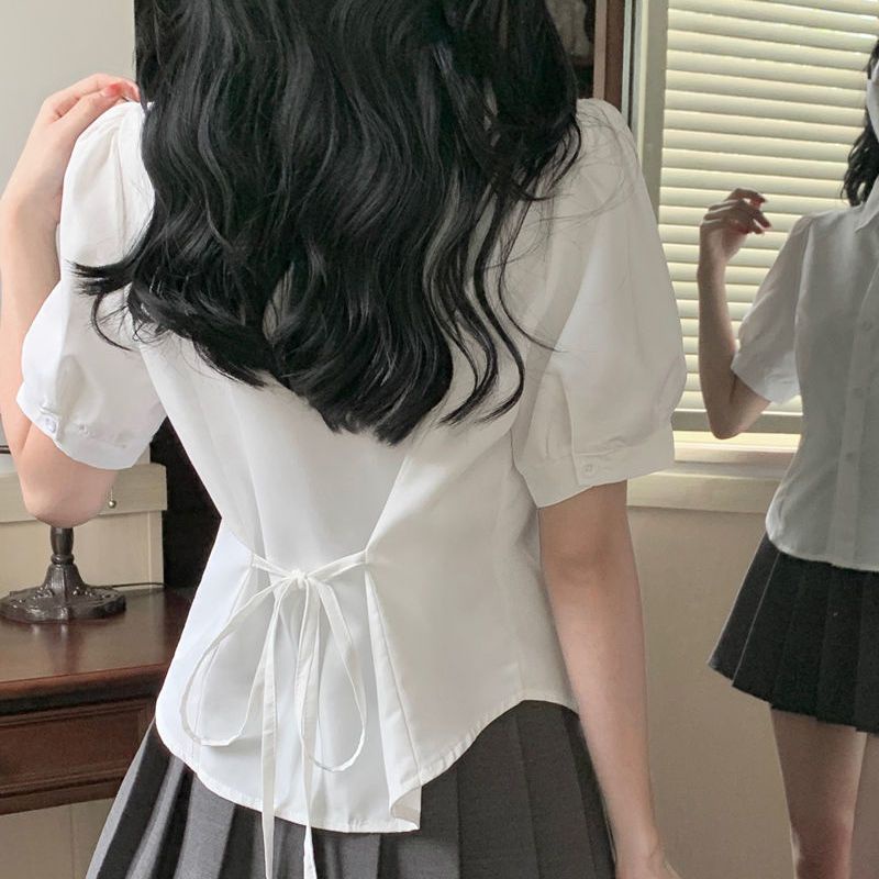 Jiashucheng Áo Sơ Mi Trắng Tay Ngắn Phồng Thắt Dây Phong Cách Preppy Thời Trang Mùa Hè Mới Cho Nữ