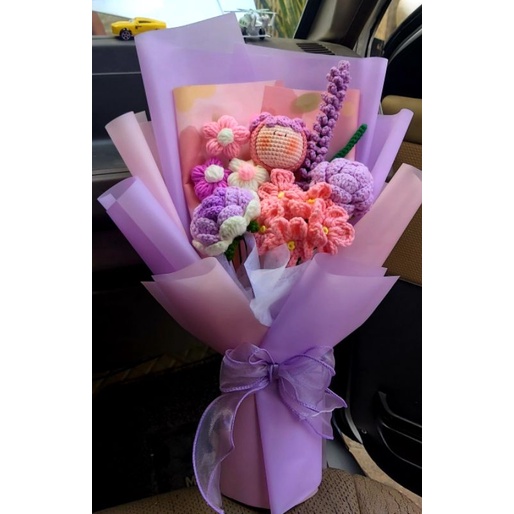 Bó hoa len bé gái búi tóc xinh xắn đáng yêu phối hoa+hàng sẵn