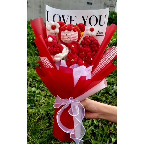 Bó hoa len bé gái búi tóc xinh xắn đáng yêu phối hoa+hàng sẵn