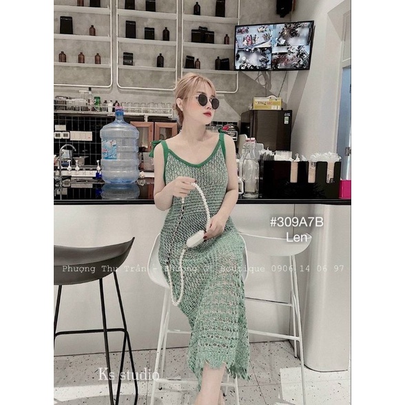 Váy Len Xanh 2 Dây Nơ Dáng Dài ,Đầm Midi Dệt Kim Không Tay Ôm Tua Rua Cá Tính Thời Trang Đi Biển Mùa Hè Cực Xinh