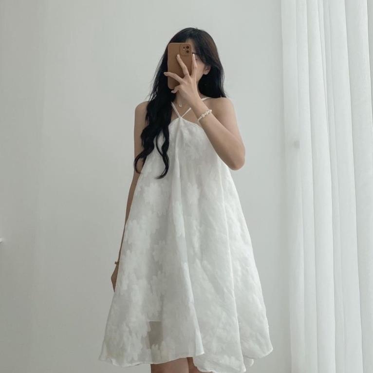 Váy kiểu nữ tiểu thư V.120, Váy midi voan cổ yếm 2 lớp nơ lưng họa tiết hoa daisy nổi ngọt ngào - Thời trang nữ Chấm Bi