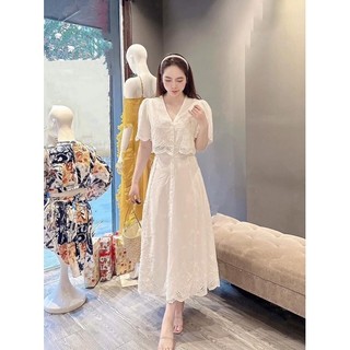 Set áo đũi ren phối chân váy trắng