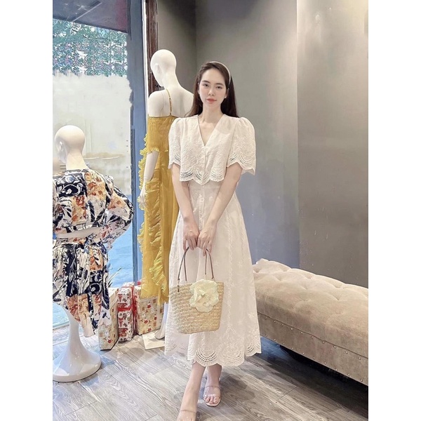 Set áo đũi ren phối chân váy trắng