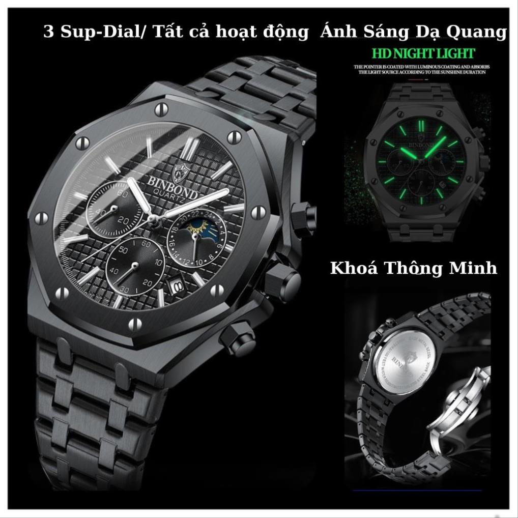 Đồng hồ nam 6 kim đồng hồ pin chính hãng Binbond 2233 mặt tròn dây thép 316L chống nước 3ATM bảo hành 12 tháng