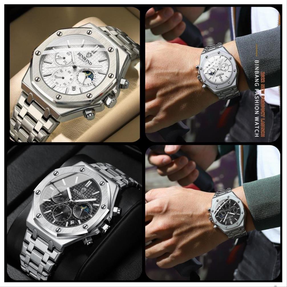 Đồng hồ nam 6 kim đồng hồ pin chính hãng Binbond 2233 mặt tròn dây thép 316L chống nước 3ATM bảo hành 12 tháng