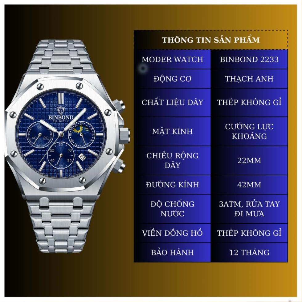 Đồng hồ nam 6 kim đồng hồ pin chính hãng Binbond 2233 mặt tròn dây thép 316L chống nước 3ATM bảo hành 12 tháng
