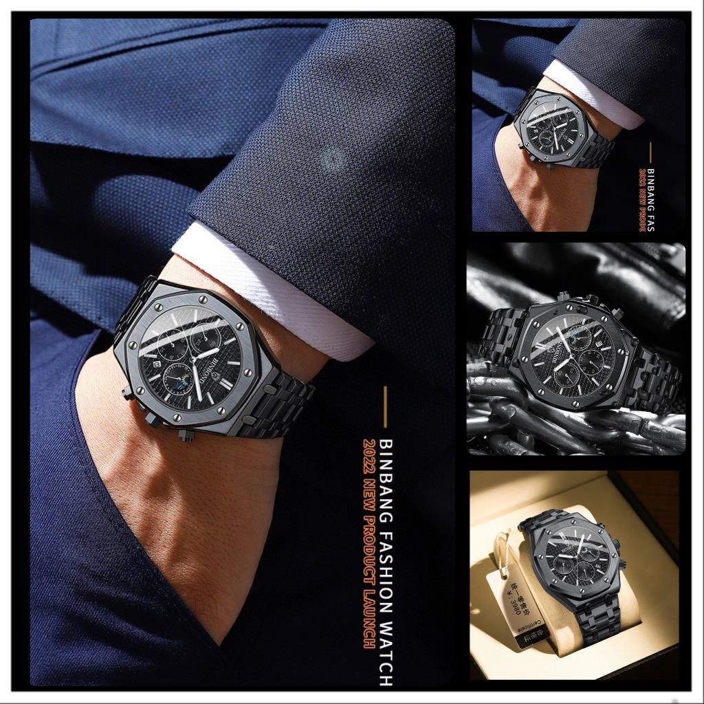 Đồng hồ nam 6 kim đồng hồ pin chính hãng Binbond 2233 mặt tròn dây thép 316L chống nước 3ATM bảo hành 12 tháng