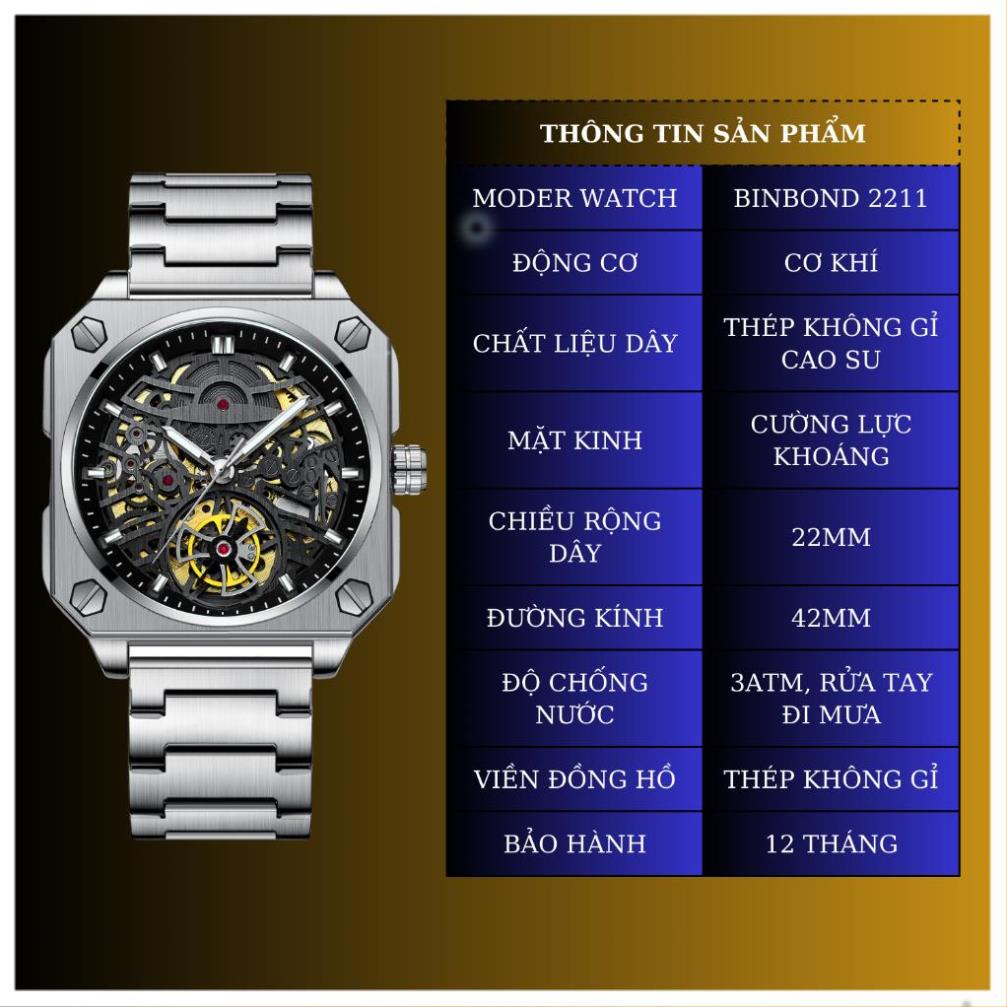 Đồng hồ nam cơ lộ đáy chính hãng BinBond 2211 viền dây thép 316L tích cót 36 tiếng mặt lộ tim chống nước BH 12T .