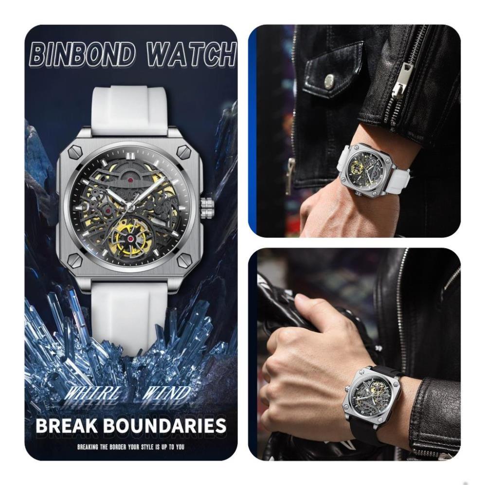 Đồng hồ nam cơ lộ đáy chính hãng BinBond 2211 viền dây thép 316L tích cót 36 tiếng mặt lộ tim chống nước BH 12T .