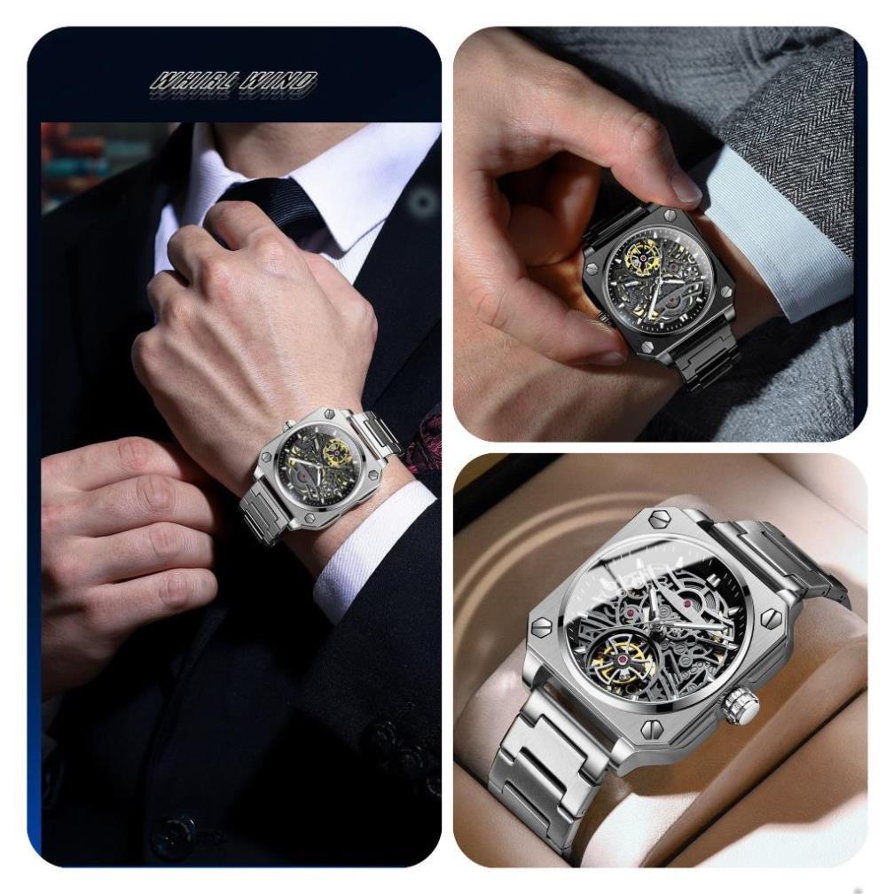 Đồng hồ nam cơ lộ đáy chính hãng BinBond 2211 viền dây thép 316L tích cót 36 tiếng mặt lộ tim chống nước BH 12T .