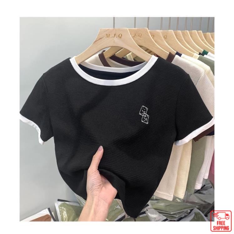 Áo thun nữ ngắn tay thêu xúc xắc ❤️Pinkee❤️ áo baby tee nữ vải tổ ong cao cấp MA060