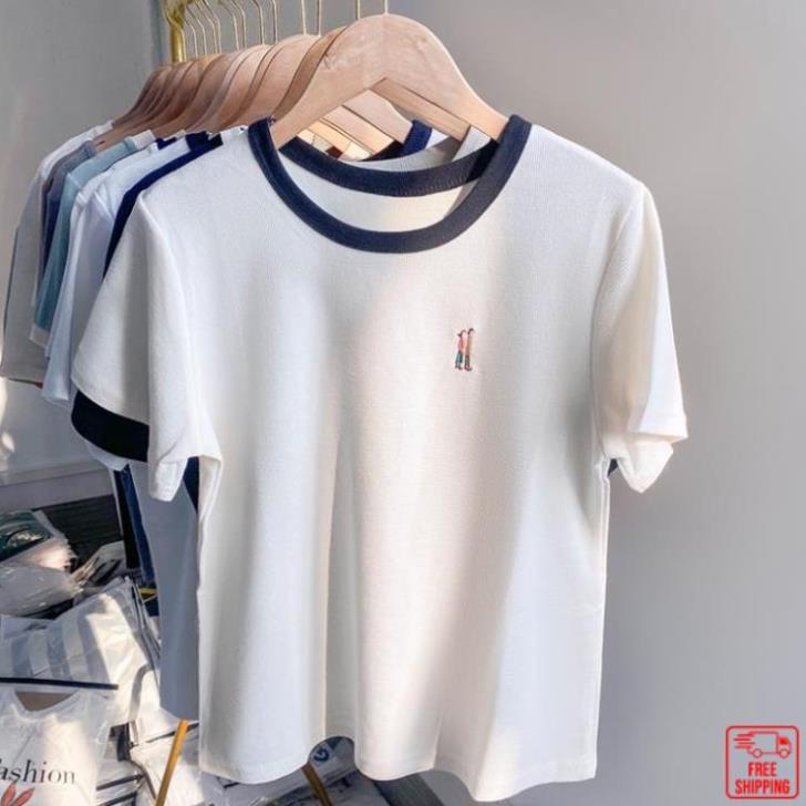 Áo thun cotton nữ cổ tròn tay ngắn thêu tình nhân ❤️Pinkee❤️ áo baby tee nữ mùa hè Ma040 | BigBuy360 - bigbuy360.vn