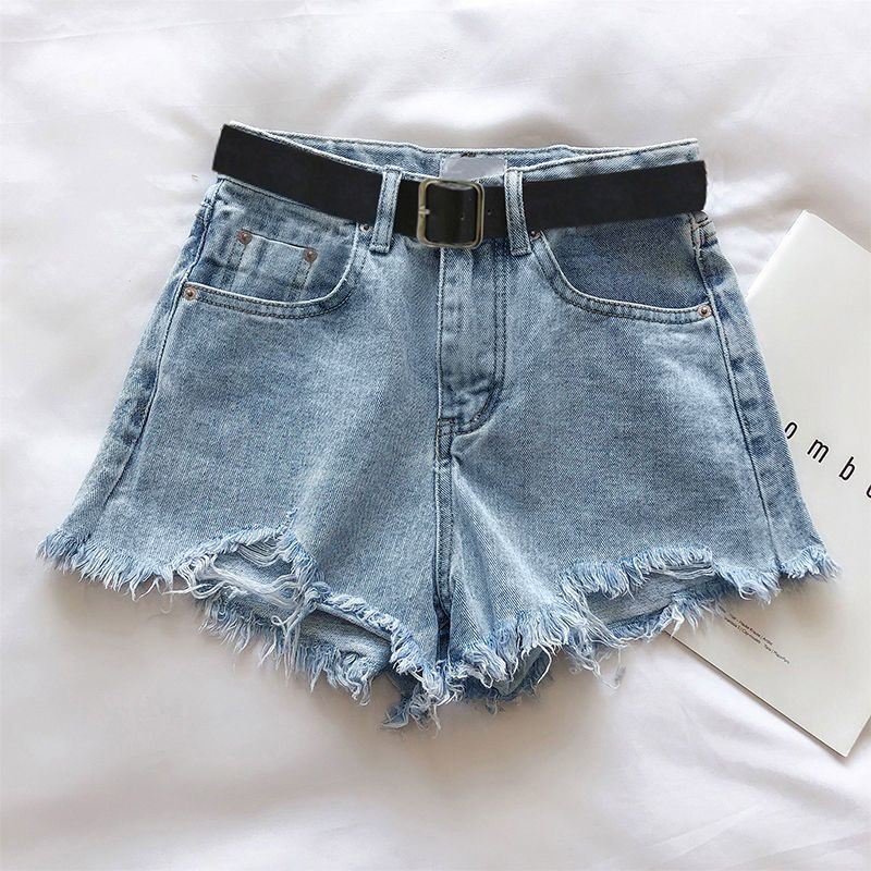 Jiashucheng Quần Short Denim Lưng Cao Dáng Chữ a Phối Rách Thời Trang Mùa Hè Cho Nữ