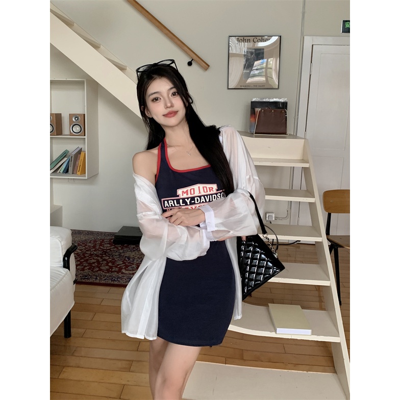 Áo Sơ Mi Chống Nắng Dáng Rộng Tay Dài Cổ Yếm In Chữ Màu Sắc Thời Trang Mùa Hè