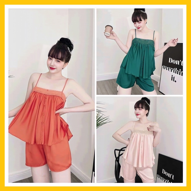 Bộ quần đùi áo dây cúc ngọc lụa satin trơn phối ren có tăng chỉnh - linhnguyenshop