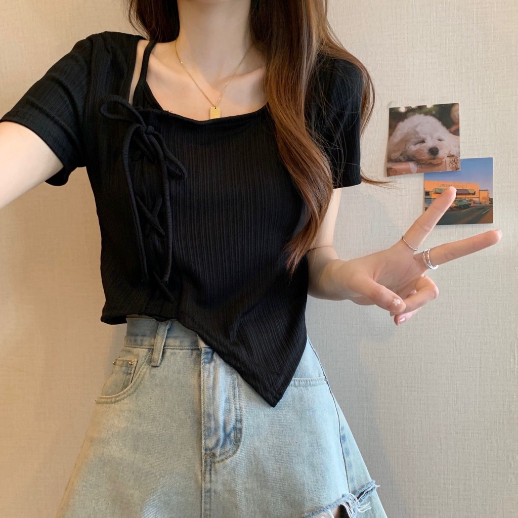 Áo Thun Tay Ngắn Phối Dây Rút Phong Cách Preppy Thời Trang Mùa Hè Xinh Xắn Cho Nữ
