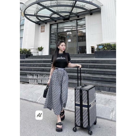 Set Áo Thun Gân + Chân Váy Dài D.O Họa Tiết sang chảnh freesize ,40-55 ký vừa HS0080