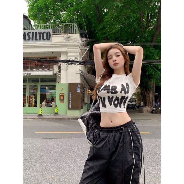 Áo Thun Croptop Tay Ngắn Chữ In Kiểu I AMB AD FUNOFF.chất thun thái hót xu hướng phong cách sang chảnh
