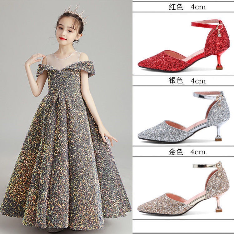 〔 Pre-sale 〕 girls high-heeled crystal shoes 7 biểu diễn 8 học sinh 10 váy catwalk giữa trẻ em lớn 12 host 15 tuổi trẻ em giày công chúa