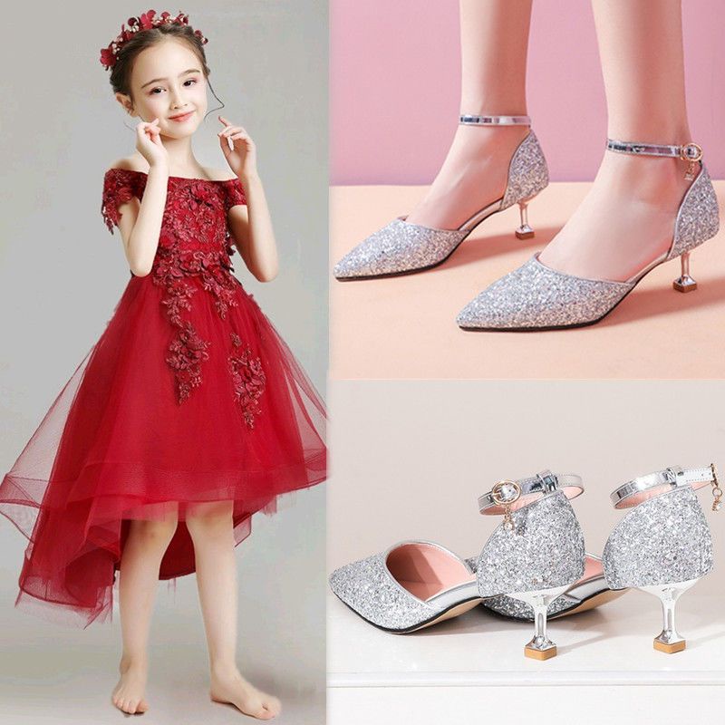 〔 Pre-sale 〕 girls high-heeled crystal shoes 7 biểu diễn 8 học sinh 10 váy catwalk giữa trẻ em lớn 12 host 15 tuổi trẻ em giày công chúa