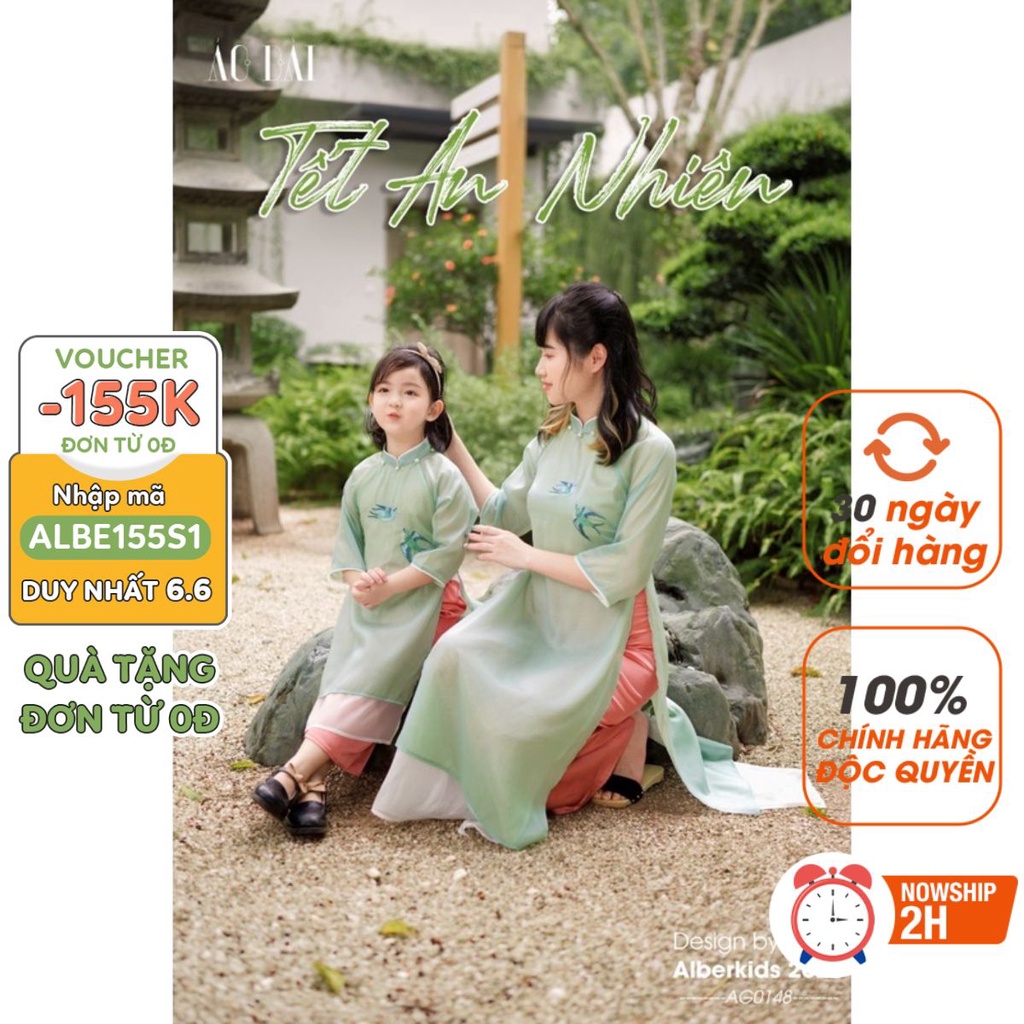 Áo dài Tết họa tiết Chim Yến ALBERKIDS cho mẹ và bé gái cho trẻ em 4,5,6,7,8,9,10,11,12,13,14,15 tuổi [AG0148]