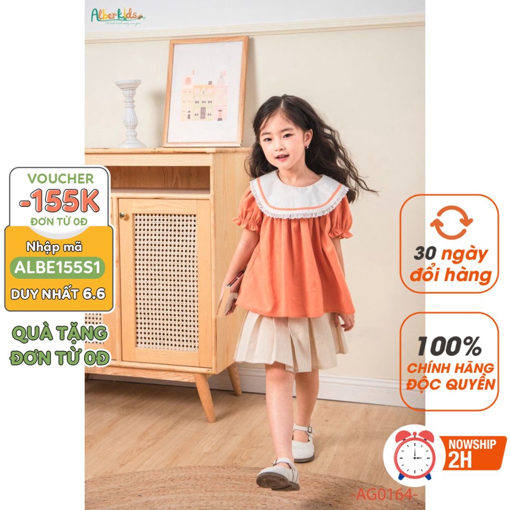 Áo sơ mi cho bé gái ALBER KIDS cam phối cổ trắng công chúa xinh đẹp cho trẻ em 2,3,4,5,6,7,8,9,10,11,12 tuổi AG0164