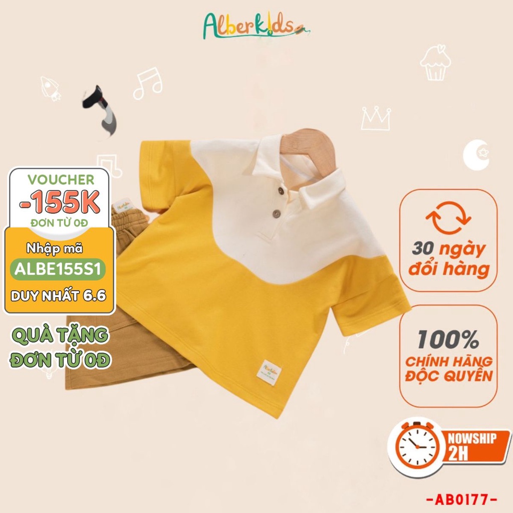 Áo polo bé trai Alberkids phối 2 màu trắng vàng cho trẻ em 5,6,7,8,9,10,11,12 tuổi AB0177