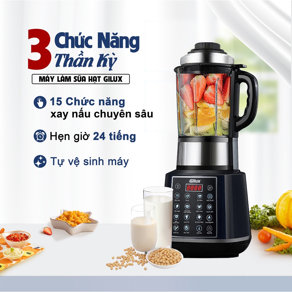 Máy làm sữa hạt Gilux 15 chức năng + TẶNG Sách Công Thức, Độ Ồn Thấp-Nắp Inox (PHIÊN BẢN NÂNG CẤP) - BH 12 tháng