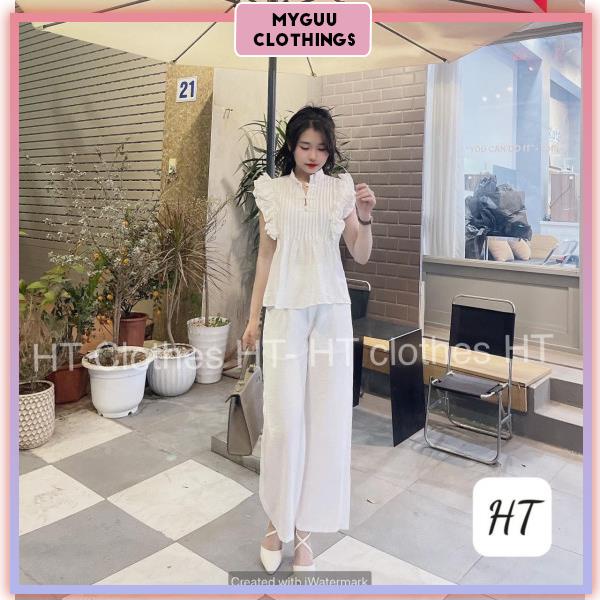 Set Đồ Nữ, Bộ Đồ Nữ Với Áo Thun Đũi Trắng Cánh Tiên Mix Quần Suông Ống Rộng Có Lót Trong, Vải Đũi Mềm Đẹp - HA65
