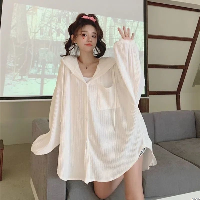 {Khuyến Mãi Phong Cách Mới} Áo Khoác Chống Nắng Tay Dài Dáng Rộng Mỏng Có Mũ Trùm Đầu Phong Cách Hàn Quốc Dễ Phối Đồ Cho Nữ