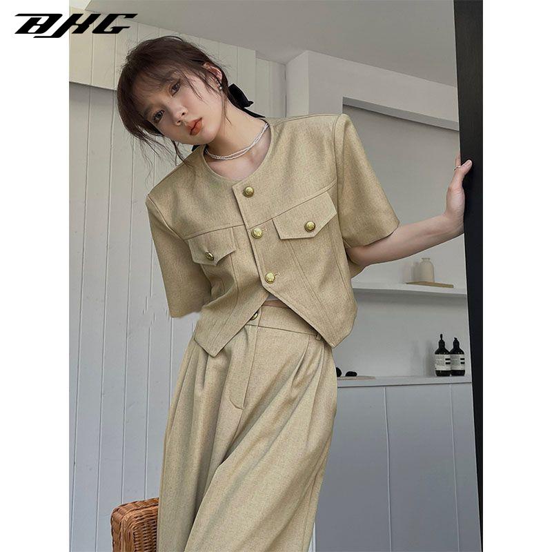 Set Áo thun BJHG WAVW ngắn tay cổ tròn + quần kaki dài ống rộng thời trang nữ
