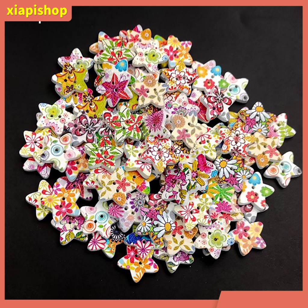 XIAPI+ Set 100 Nút Gỗ 2 Lỗ Hình Ngôi Sao Dùng Để Thiết Kế Túi Giấy / Sổ Tay DIY