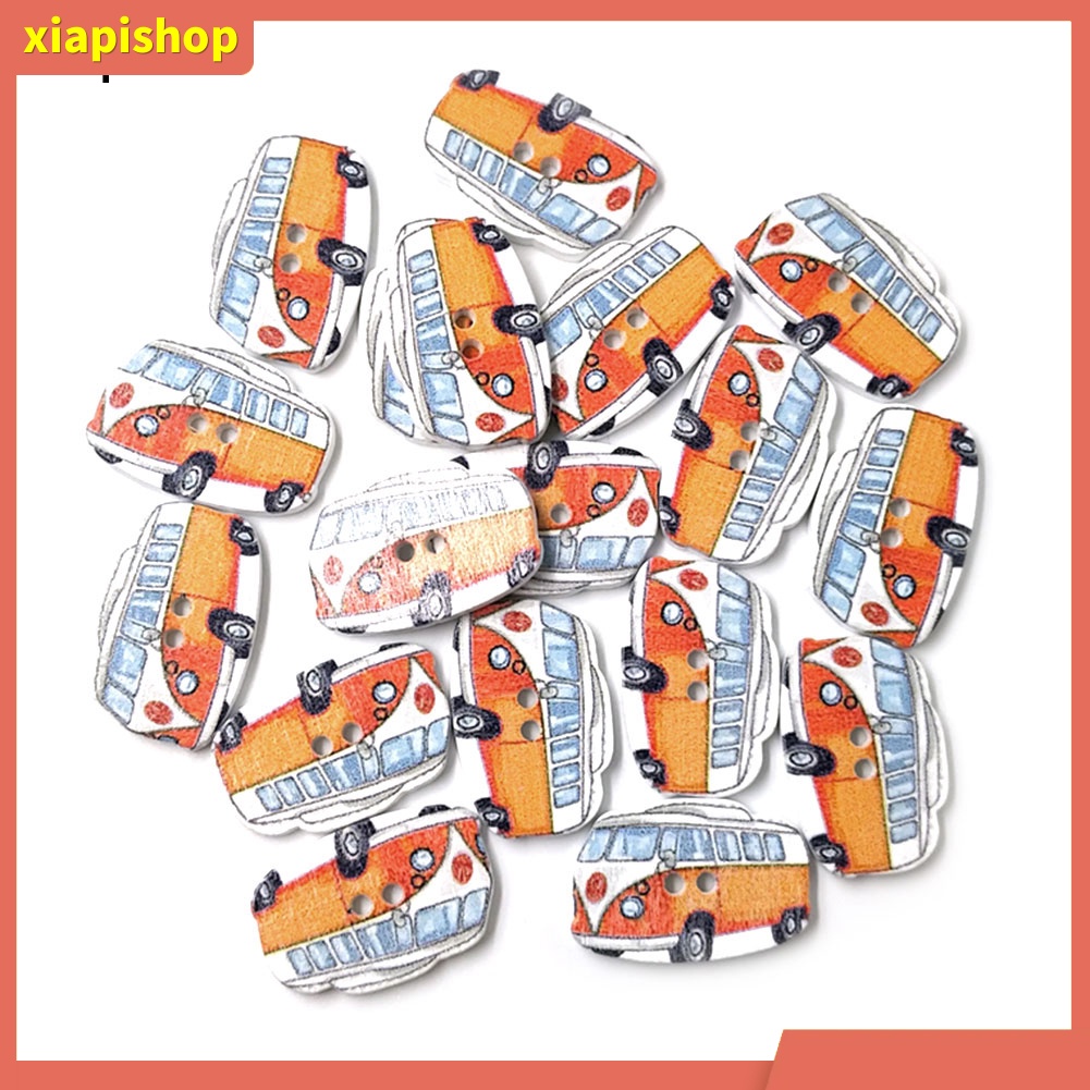 XIAPI+ Set 50 Nút Gỗ Hình Xe Buýt Hoạt Hình Xinh Xắn
